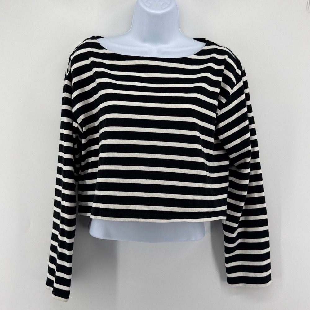 J.Crew Black White Striped Cropped Boatneck Mariner Cotton Tee Top Small Coastal